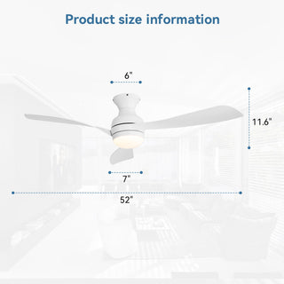 52" Low Profile Ceiling Fan With Lights, Quiet Reversible DC Motor, Dimmable LED, 3 Blades - White