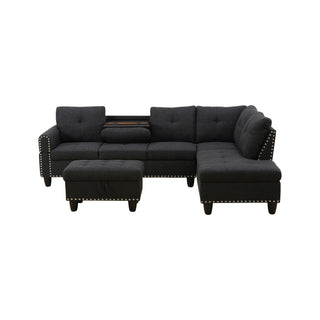 L - Shaped 3 Piece Sectional Sofa With Chaise, Storage Ottoman & Cup Holders