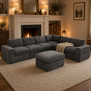 Oversized Modular Sectional Sofa, 7 Piece Reversible With Ottoman - Dark Gray