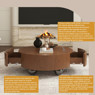 Drum Shaped Coffee Table With Hidden Storage Drawer, Low Profile For Living Room - Walnut