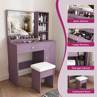 Vanity Desk Set With Padded Stool & Adjustable LED Mirror, 3 Color Mode Lighting, Compact For Bedroom - Purple