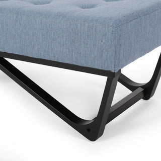 Upholstered Ottoman With Button Tufted Waffle Stitch And Black Geometric Legs - Light Blue