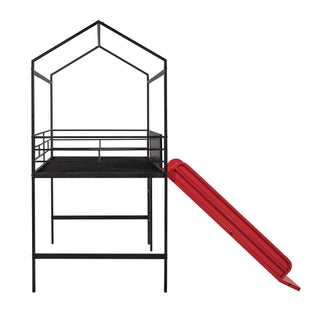 Twin Metal Loft Bed With Slide And 2 Sided Writable Wooden Board - Black