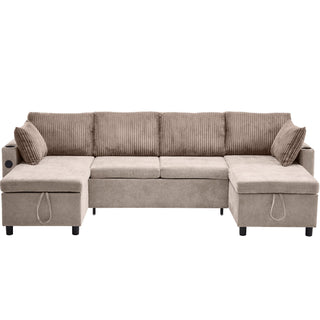 Sectional Sofa Bed With Pull Out Sleeper, USB Ports, Cup Holders