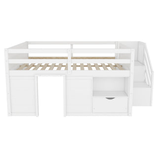 Low Loft Bed Frame With Built In Stairs, Storage Drawer, Shelf And 7 Color LED Light