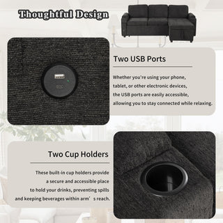 Convertible L Shaped Sofa Couch With Storage, Cup Holders, USB Ports