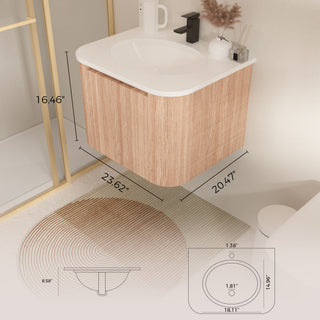 Wall Mounted Bathroom Vanity With Countertop, Sink, Curved Design With Stripe - Natural Wood