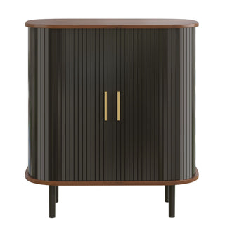 Fluted Wine Bar Cabinet With 8 Grid Wine Rack, 5 Level Adjustable Shelves, 2 Glass Holders