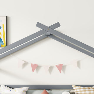 Low Loft House Bed With Slide, Ladder, Safety Guardrails, House Roof Frame