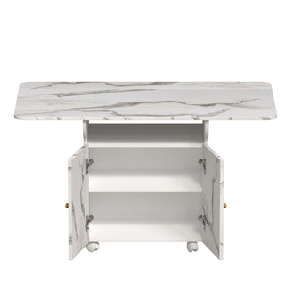 Versatile Marble Folding Dining Table With Storage Rack And Cabinet, 6 Wheels - White