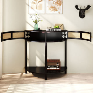 Boho Rattan Semi Circle End Table With Sliding Rattan Door, Storage And Bottom Shelf