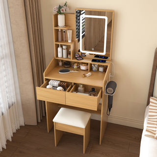 Vanity Table With LED Mirror, Power Outlet, Hairdryer Holder & Padded Stool, Compact Dressing Desk For Small Bedrooms - Wood