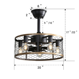20" Industrial Cage Ceiling Fan With Remote Control, 7 Blades, DC Motor, 1H / 4H / 8H Timer - Black
