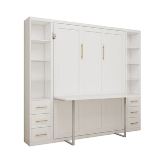 Queen Size Murphy Wall Bed With Side Storage Cabinets - White