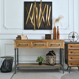 Accent Storage Console Table With Open Shelf And 3 Drawers For Living Room - Natural Wood / Brown
