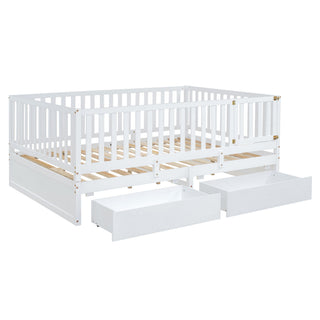 Daybed With Fence Guardrails And 2 Drawers, Split Into Independent Floor Bed & Daybed