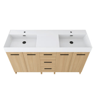 Double Sink Bathroom Vanity With 3 Drawers, Large Storage, Integrated Sink, Freestanding Cabinet, Soft Close Hardware - Glossy White / Light Oak