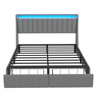 Upholstered Platform Bed Frame With RGB LED Lights, Charging Station & 2 Underbed Drawers