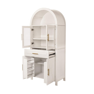 Arched Kitchen Pantry Cabinet With Adjustable Shelves & Barn Door Design