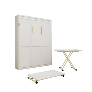 Queen Size Wall Mounted Murphy Bed With Manual Height Adjustable Desk, Cabinet & Frame & Computer Desk - White