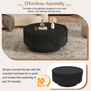 Round Fluted Drum Coffee Table With Sturdy Base For Living Room
