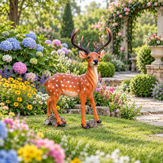 Lifelike Deer Statue With Detachable Antlers, Outdoor Garden Decor - Brown / Yellow