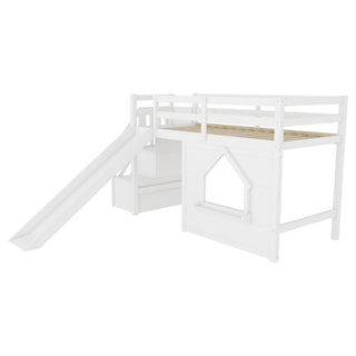 Loft Bed With Storage Stairs, Slide, Playhouse Window And 7 Colors LED Lights