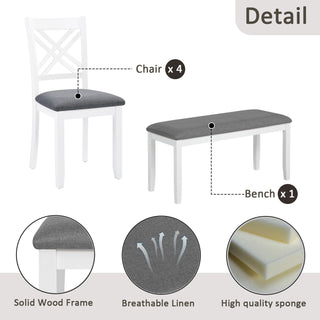 6 Piece Kitchen Dining Set, Rectangular Dining Table With 4 Upholstered Chairs And Bench - Gray / White