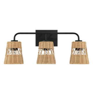 Moonlit - 3 Lights Wall Sconce With Shade, Bathroom Lighting Fixtures Over Mirror - Black / Rattan