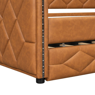 Upholstered Full Long Daybed With Trundle And LED Armrests - Brown