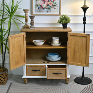 Accent Flower Carved Door Sideboard Cabinet With 2 Drawers For Kitchen - Natural Wood Wash / White