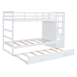 Twin Over Twin Bunk Bed With Trundle And Staircase - White