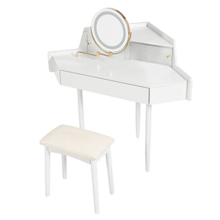 Modern Corner Makeup Vanity Desk With Large Storage, LED Mirror & Stool, Adjustable Brightness, Space Saving - White
