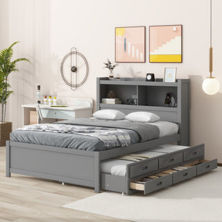 Full Size Platform Bed With Trundle, Drawers, USB Ports And Built In Shelves - Gray