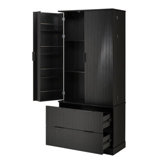 Fluted Kitchen Pantry Cabinet With 2 Large Drawers & 8 Door Spice Rack