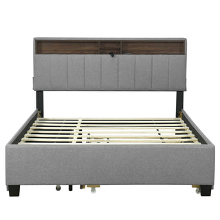 Upholstered Platform Bed With Storage Headboard, Trundle & 2 Drawers And A Set Of Sockets & USB Ports