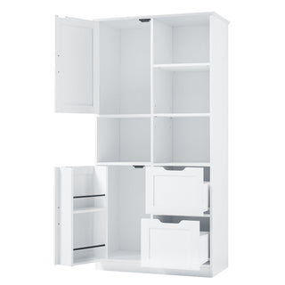 Freestanding Bathroom Storage Cabinet With Doors And Drawers, Adjustable Shelf, Open Shelves - White