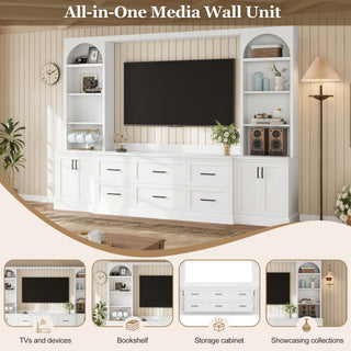 Arched Entertainment Center Wall Unit With 6 Drawers, Large TV Stand With Bookshelves
