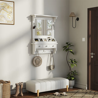 Floating Makeup Vanity With Big Mirror, Wall Mounted Storage Vanity With Drawers, Pockets & Hooks, Space Saving Decorative Home Organizer - White