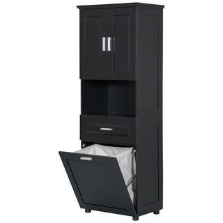 Tall Bathroom Cabinet With Tilt-Out Laundry Basket And Upper Storage