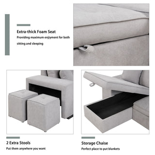 Modern L-Shape 3 Seat Reversible Sectional Couch, Pull Out Sleeper Sofa With Storage Chaise And 2 Stools For Living Room Furniture Set
