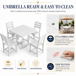 Outdoor Patio Dining Set, Square Table With Umbrella Hole And Armless Chairs