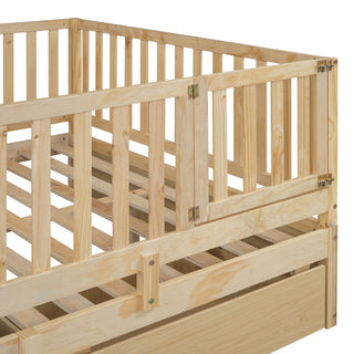 Daybed With Fence Guardrails And 2 Drawers, Split Into Independent Floor Bed & Daybed