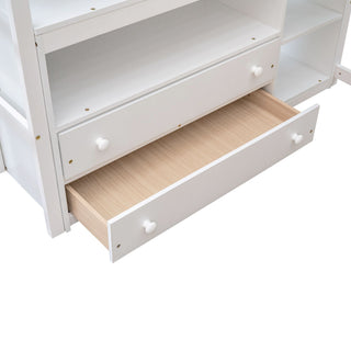 Modern Loft Bed With Built In Desk, Shelves, And 2 Drawers