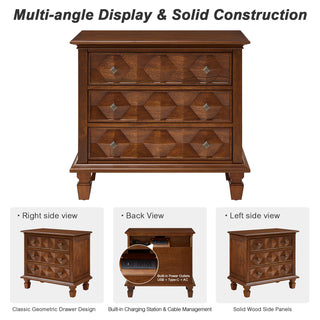 Nightstand With Charging Station, 3 Drawer Bedside Table - Walnut