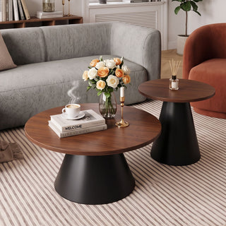 Nesting Coffee Table, Adjustable Foot Pads For Living Room (Set of 2) - Walnut / Black