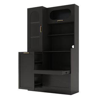 Tall Freestanding Kitchen Pantry Cabinet With Arched Glass Door