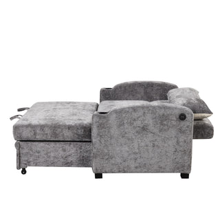 Pull Out Loveseat Sofa With Adjsutable Backrest, 2 Pillows, Cup Holders, USB Ports For Living Room