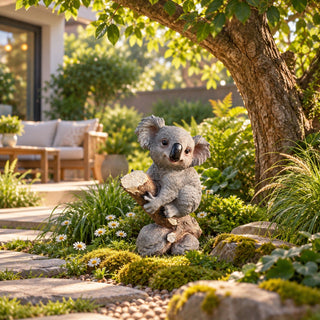 Koala Garden Statue Hand Painted Animal Sculpture With Log For Patio Home Decor - Dark Gray