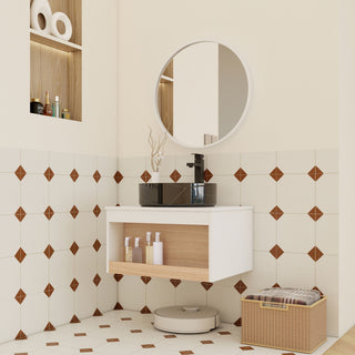 Floating Bathroom Vanity With Vessel Sink With Open Shelf Storage